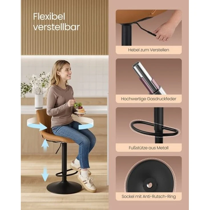 VASAGLE Barstuhl 2er Set, Küchenhocker, 88-108 cm höhenverstellbar, Barhocker, drehbar, mit Fußstütze, PU-Bezug, braun – Bild 5