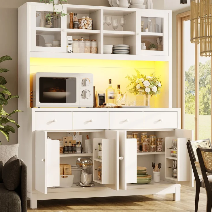 ZUBALIYA Hochbuffetschrank 140*38.5*180cm mit App-gesteuerter RGB-LED / verstellbare Einlegeböden, mit glastüren & 4 Schubladen und belastbar bis 100kg, Naturholz-Optik – Bild 23