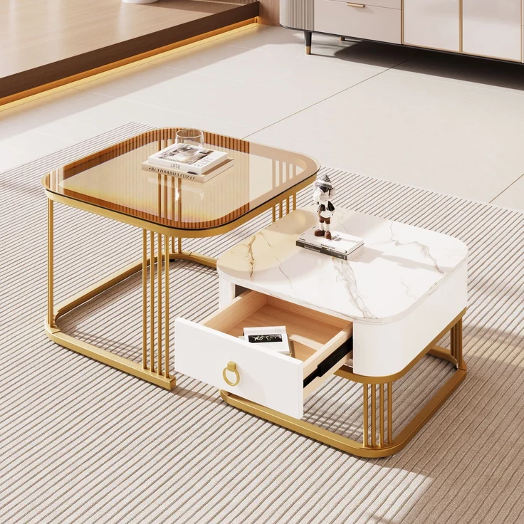 Merax Couchtisch Set Marmoroptik mit Schublade, Beistelltisch hochglanz, Satztisch mit Glasplatte,Wohnzimmertisch, Gold | Weiß – Bild 5