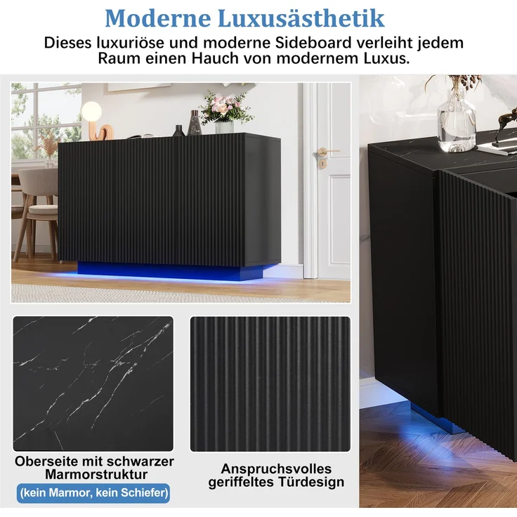 Merax LED Kommode Modern Design Sideboard mit Beleuchtung Schwarz Wohnzimmerschrank Bluetooth Steuerung Vertikale Streifen Anrichte 120cm Aufbewahrungsschrank – Bild 8