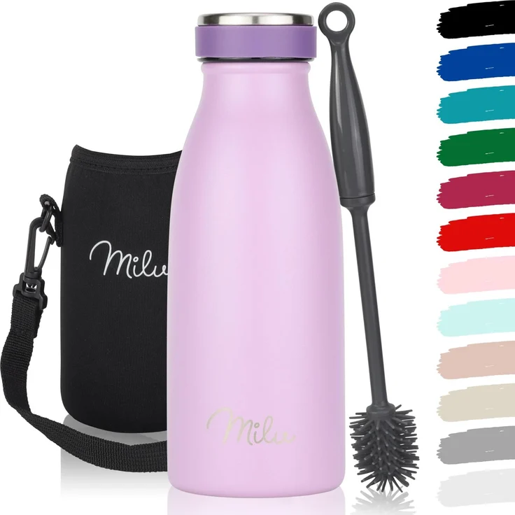 Milu Edelstahl Trinkflasche 350ml, 500ml, 750ml, 1L, 1,5L – Thermosflasche für Kinder Erwachsene auslaufsicher Isolierflasche Kohlensäure geeignet– inkl. Reinigungsbürste (Lilac, 350ml)