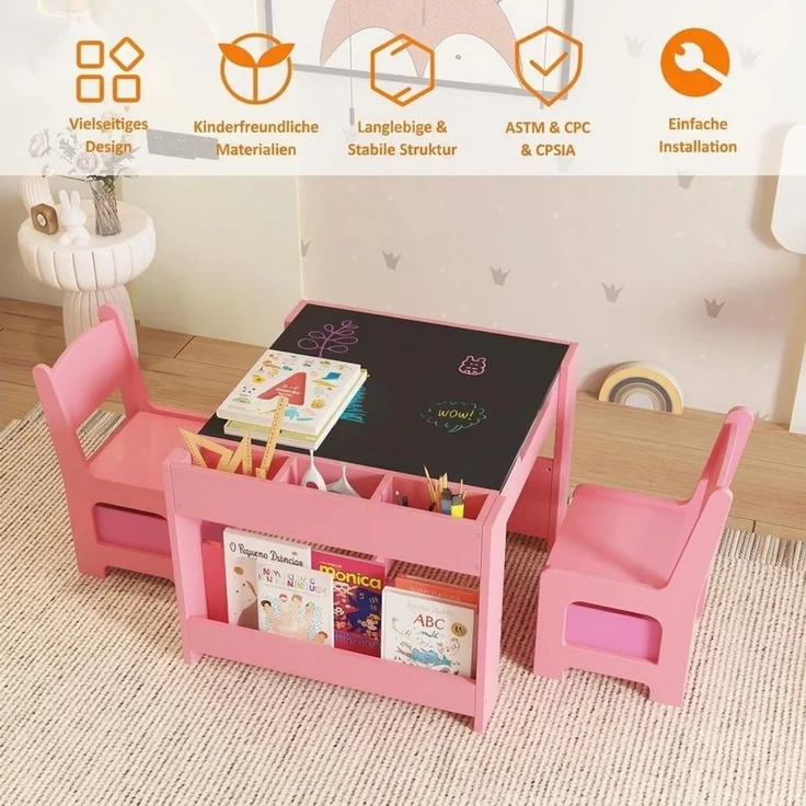 GarveeMore Kindersitzgruppe mit 2 Stühlen und Aufbewahrungsschublade,Abnehmbare Tischplatte, Kindertisch- und Stuhlset, 4-in-1-Aktivitätstisch aus Holz & 2 Stühle – Bild 4