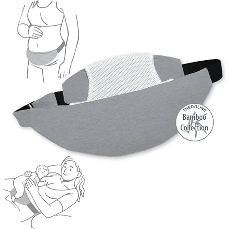 Theraline Schwangerschafts- & Kaiserschnittgürtel Belly Protect, melange mittegrau, verstellbar 90-110 cm mit Kirschkernkissen und Schutzschild