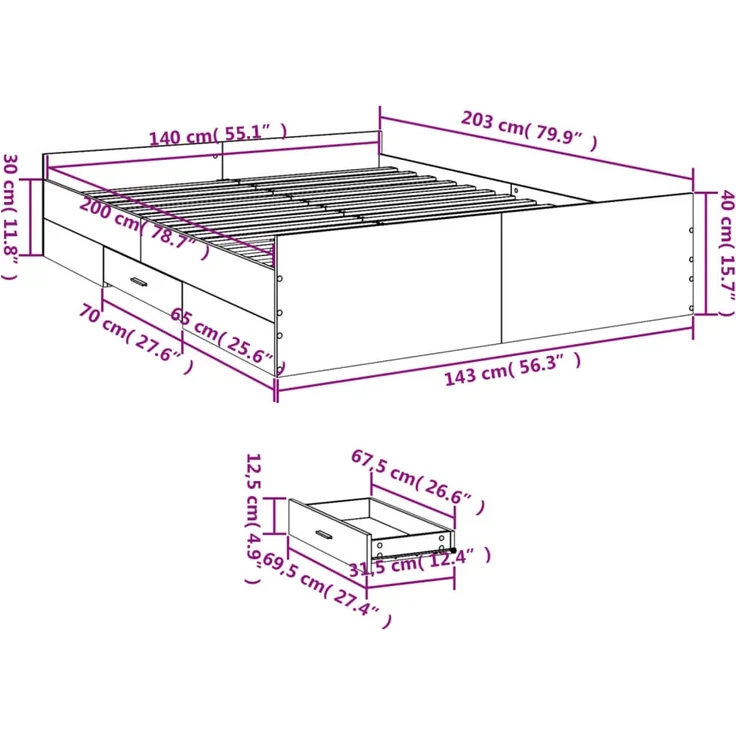vidaXL Bettgestell mit Schubladen Betongrau 140x200 cm Holzwerkstoff 3280296 – Bild 11