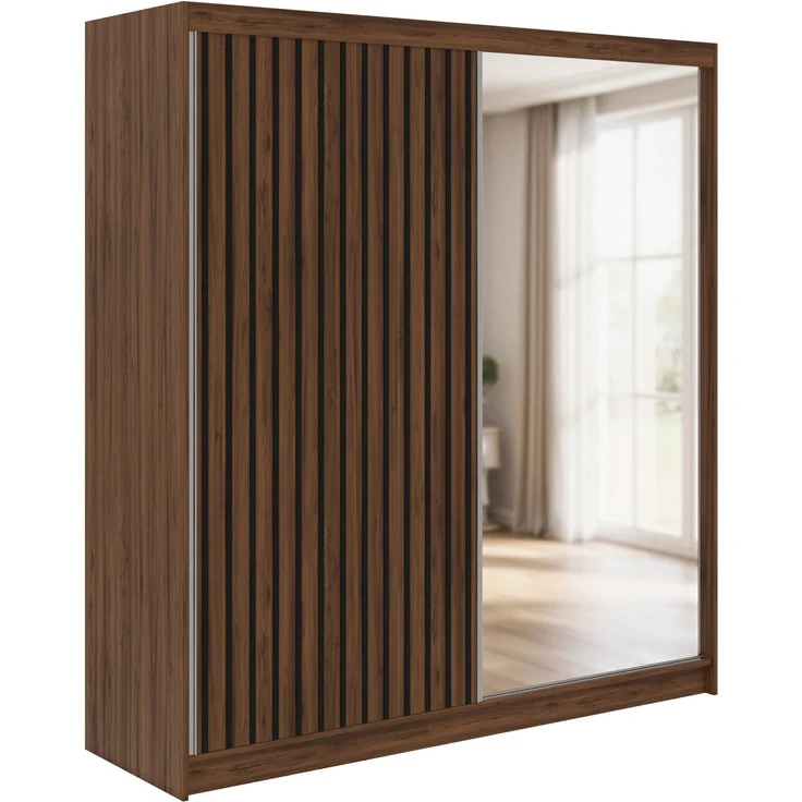 Kleiderschrank LAOS 200 cm Schiebetürenschrank Warmia-Nuss mit Akustikpaneel-Design (Lamellen) Schwarz & Spiegel, Inkl. Innenausstattung - mit Schubladen – Bild 4