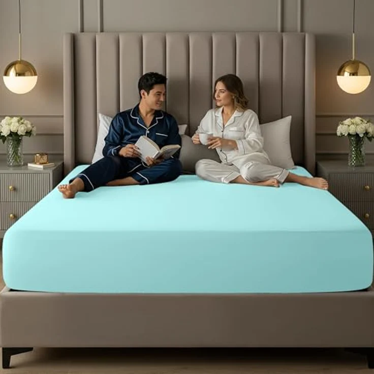 Utopia Bedding Queensize-Spannbetttuch mit extra tiefen Taschen, passend für Matratzen bis zu 53 cm, schrumpf- und farbbeständig, pflegeleicht, nur 1 Spannbetttuch mit tiefen Taschen, Spa-Blau – Bild 9