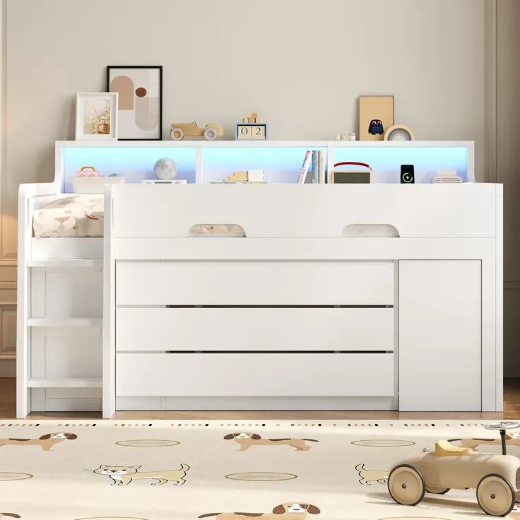 Hochbett mit Schreibtisch, Stauraum, LED-Streifen, Lattenrost, Regalen, Schubladen, Rausfallschutz, USB und Leiter, 90x200 cm, Kinderbett, Kiefer – Bild 2