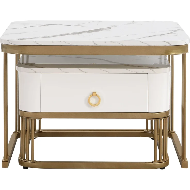 Couchtisch set 60×60+50×50 cm Hochglanz Marmoroptik Weiß und Gold, Kaffeetisch mit Schublade – Bild 10