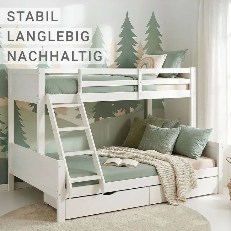 Kinderbett mit 2 Matratzen Etagenbett 90x200 und 140x200 Weiß Holz Doppelstockbett Jugendbett Hochbett Stockbett 2 Bettkästen – Bild 8