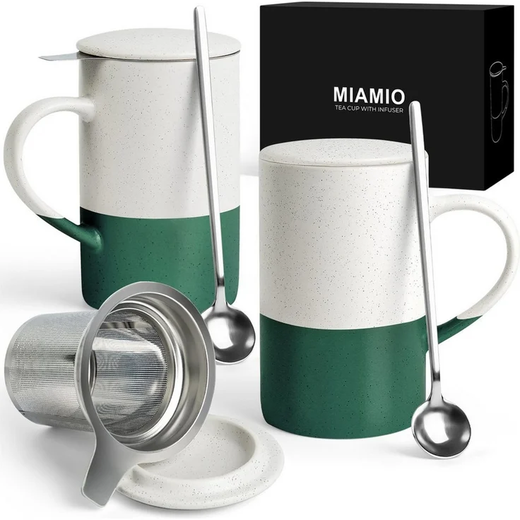 MiaMio Tasse für losen Tee mit Siebeinsatz und Deckel, Dunkelgrün, 2-tlg, Keramik, 500 ml je Tasse – Bild 1