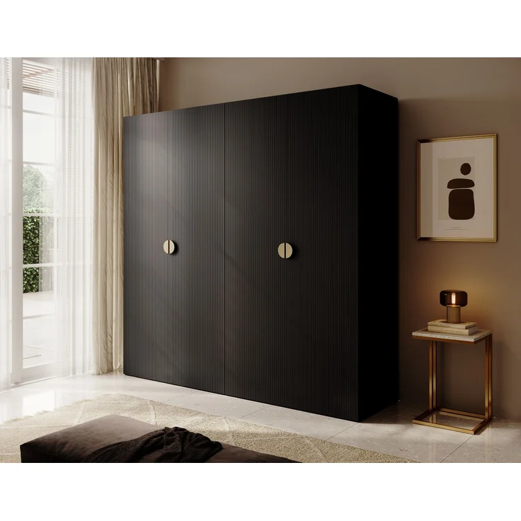 Selsey 'Moonir' Kleiderschrank 4-türig mit Kleiderstange und Regalen, schwarz 200 x 200 x 57 cm – Bild 3