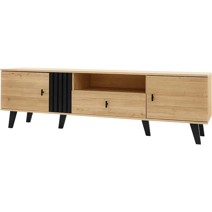 TV-Lowboard aus Spanplatte mit Glas, 2 Türen & Schublade, 170x40x50,5 cm, Natur/Schwarz – Bild 5