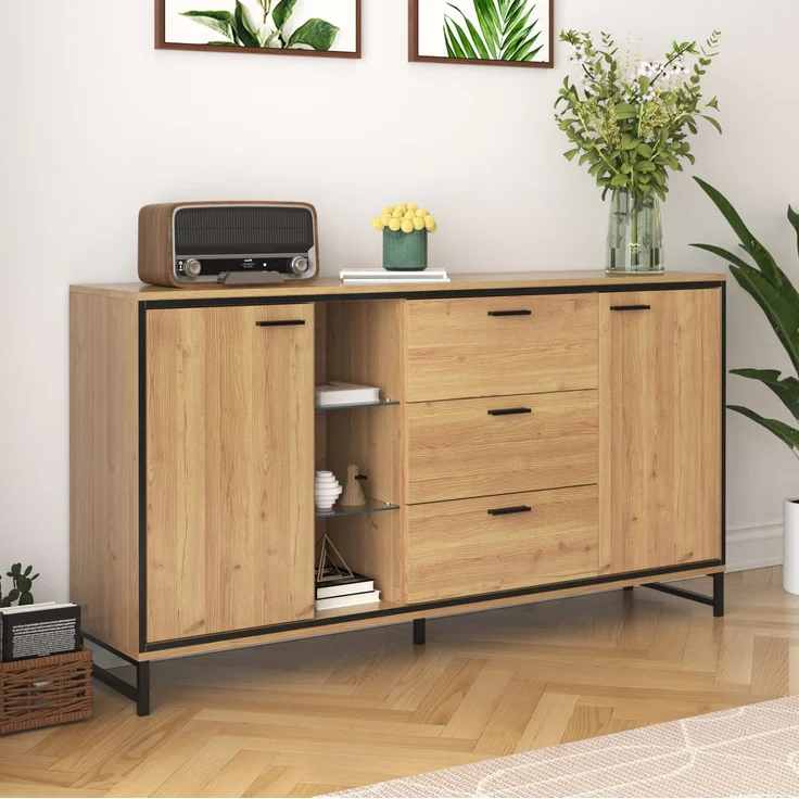 DESVIAE Sideboard mit LED-Beleuchtung, verstellbaren Regalböden, 160x85x40 cm, Spanplatte und MDF, Naturholz und Schwarz – Bild 6