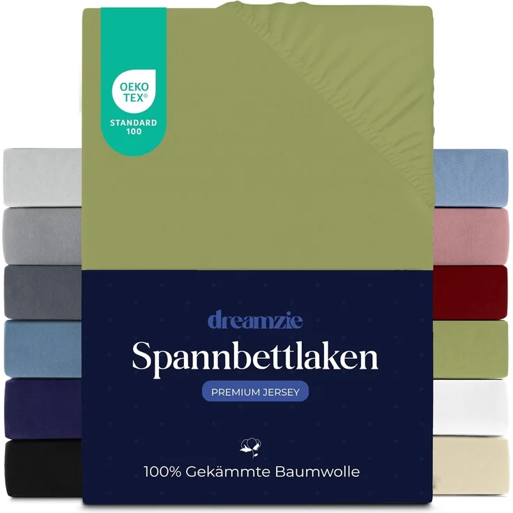 Dreamzie Premium Spannbettlaken 200x200 cm, Bettlaken 100% Jersey Baumwolle, Spannbetttuch für Dicke Matratzen bis zu 27 cm, 150 g/m², Oeko-TEX Zertifiziert - Anis