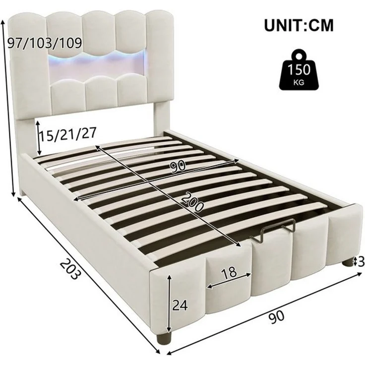 STILVORA Polsterbett 90×200 mit LED-Licht,Kinderbett Bettgestell mit Bettkasten,Samtstoff (LED-Beleuchtung, Hydraulischer Stauraum, Verstellbares Kopfteil, Samt, 1-tlg, 90x200 cm), ohne Matratze – Bild 4