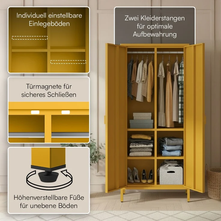 skølm 'Ituri' Kleiderschrank, Metall, 170x45x80 cm, senfgelb, Garderobe mit 4 Fächern und 2 Kleiderstangen – Bild 3