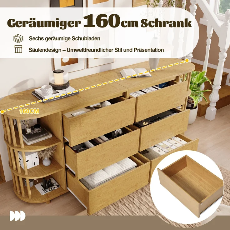 Sideboard Eiche Retro-Römisch mit 6 Schubladen & Bambusregalen, Kippsicher, Wohnzimmer Flur Küche Aufbewahrung – Bild 7