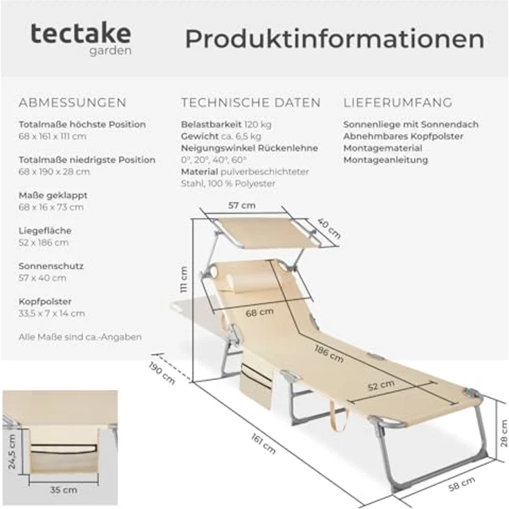 tectake® Sonnenliege klappbar, tragbar, Liege mit Seitentasche, Strandliege, Gartenliege mit Dach, Liegestuhl mit Verstellbarer Rückenlehne, inkl. Kopfkissen - für Balkon, Terrasse, Camping - beige – Bild 3