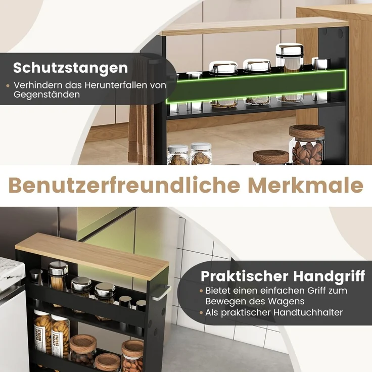 4 Ebenen Nischenregal auf Rollen aus Holz mit Griff Küchenwagen 48 x 13 x 81 cm Schwarz + Natur – Bild 5