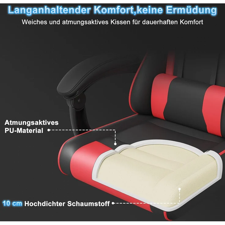 Devoko Gaming Stuhl mit Massagefunktion, Bürostuhl Ergonomisch mit Verstellbarer Ruckenlehne (90-135), Schreibtischstuhl mit Bewegliche Armlehne, max 150kg, rot – Bild 5