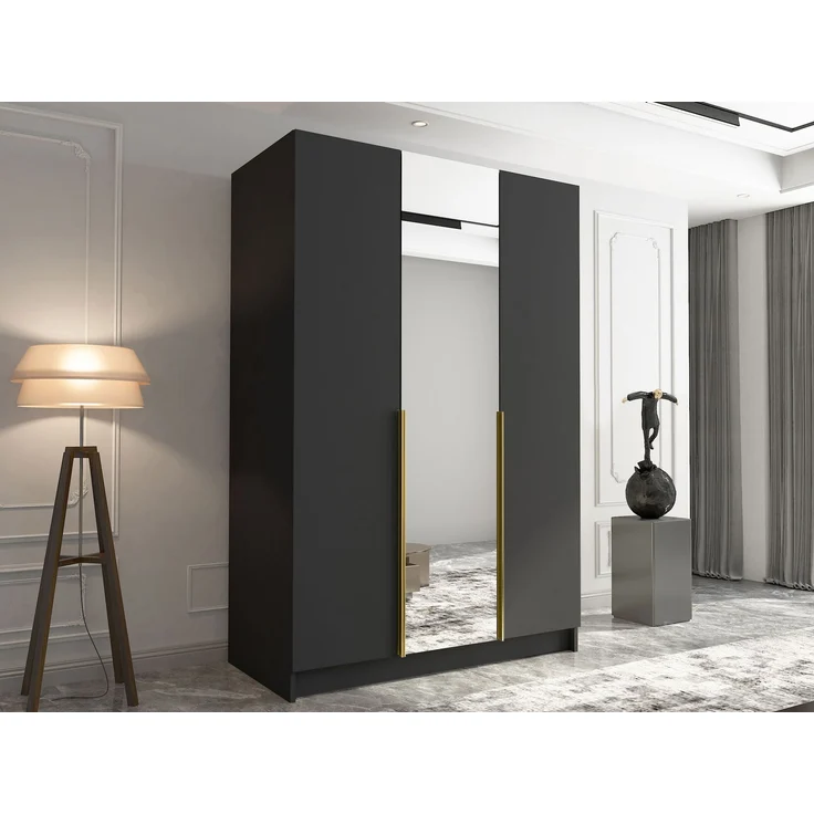 Mirjan24 'Cikzori' Kleiderschrank mit Einlegeböden und Kleiderstange, 3-türig, Laminatplatte, 215 x 58 x 150 cm, Schwarz / Gold, mit Spiegeltür – Bild 3