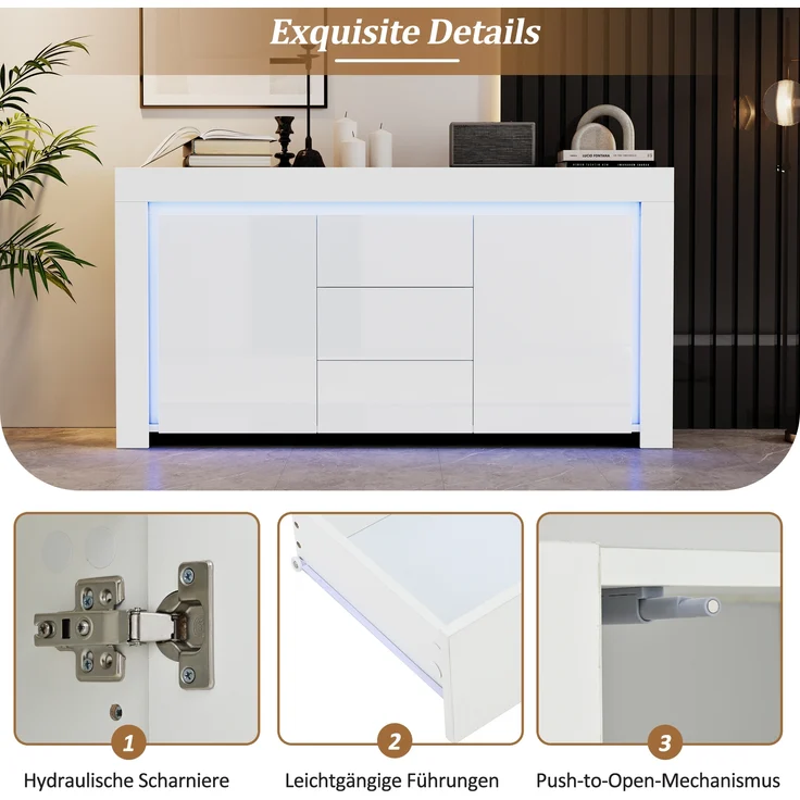 Merax Wohnzimmerschrank, Kommode mit 3 Schubladen, 2 Türen, Hochglanz Beistellschrank mit LED-Lichtleiste, Sideboard mit Stauraum, Weiß – Bild 8