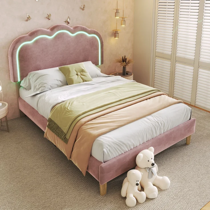 Polsterbett 90×190 cm aus Samt-Stoff mit LED-Beleuchtung, rosa – Bild 3