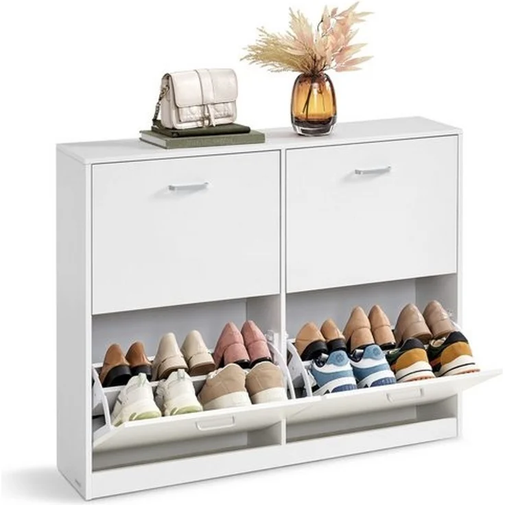 VASAGLE Schuhschrank 4 Klappen, Schuhkipper, Schuhregal, Schuhaufbewahrung, Trennwand verstellbar, für 16-28 Paar Schuhe, Flur, 24 x 105,5 x 82,7 cm, schneeweiß LBCDE035W01 – Bild 1