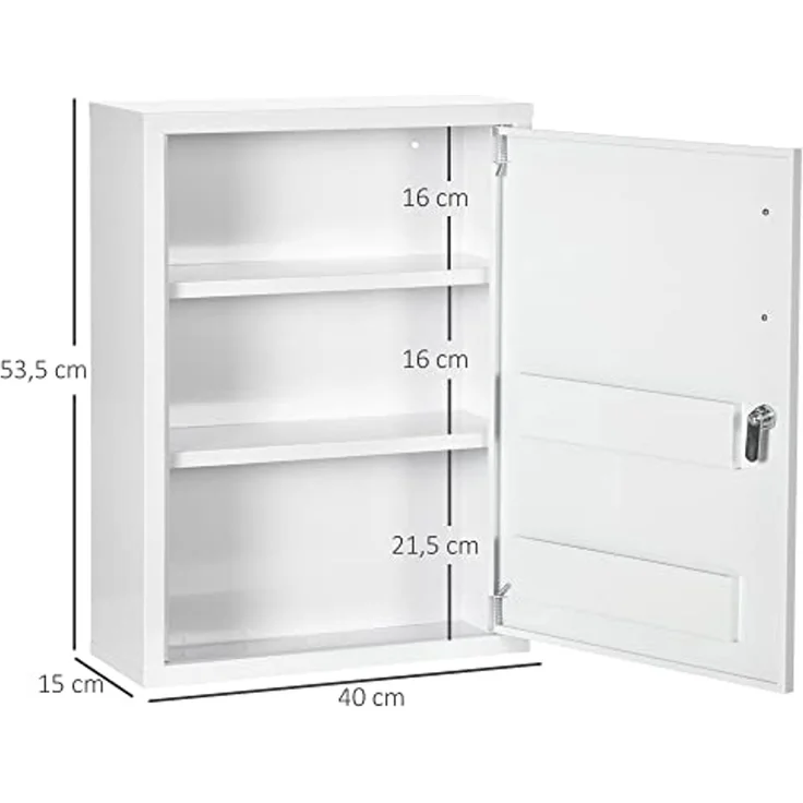 Kleankin Medizinschrank Apothekerschrank mit 3 Fächern 2 Schlüsseln (Erste Hilfe Schrank, 1-St, Medikamentenschrank) Stahl, Weiß, 40 x 15 x 53,5 cm – Bild 3