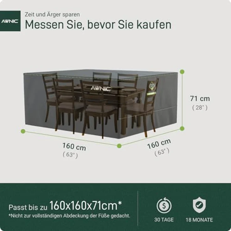 Awnic Gartenmöbel Abdeckung wasserdicht mit Haken Winterfest, 420D Oxford mit AlicanTex wetterfeste Technologie, Winddicht Anti-UV Gartentisch Abdeckplane, quadratisch Schwarz (160*160*71cm) – Bild 7