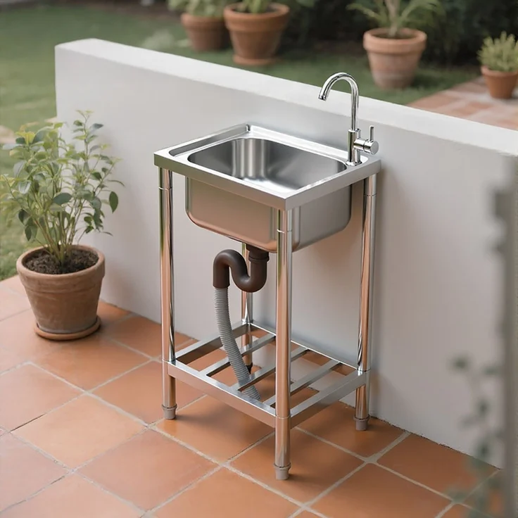 Home Nature Wohnkonzept freistehende Outdoor Küchenspüle Edelstahl mit Wasserhahn und Ablaufgarnitur, Gartenspüle, Spülbecken, leicht zu reinigen, 80x40x50cm – Bild 6
