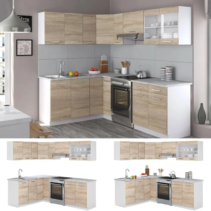 Eckküche R-Line Sonoma/Weiß 227 x 167 cm, AP Marmor mit LED-Leisten Vicco – Bild 7