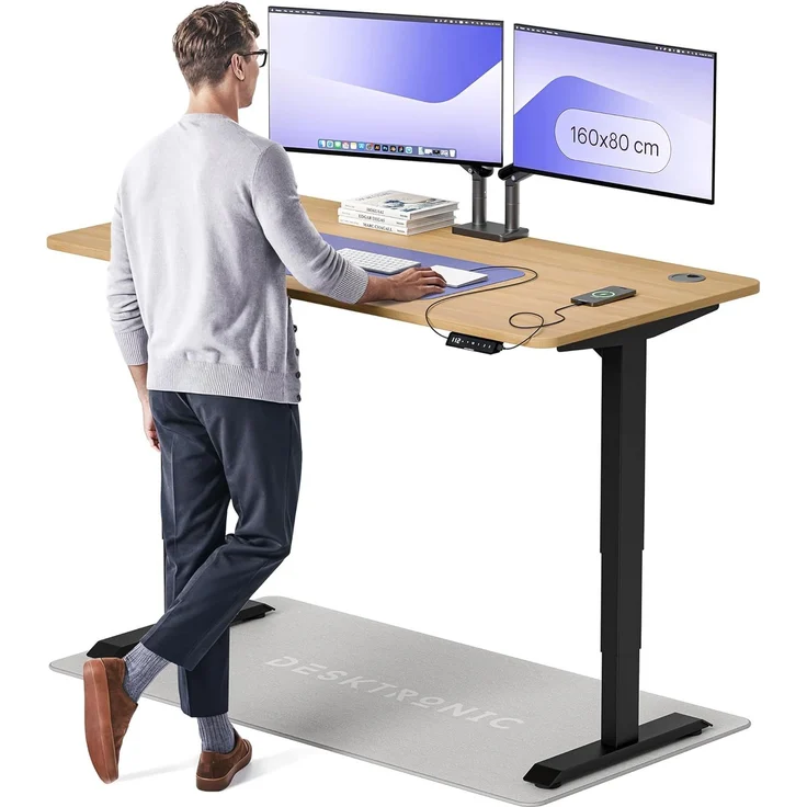 Höhenverstellbarer Schreibtisch - Höhenverstellbar Elektrisch mit Flüsterleisem Dual-Motor & Touchscreen - Hohe Tragfähigkeit - Stehtisch von Desktronic, Schwarz + Eiche, 160x80 cm – Bild 1