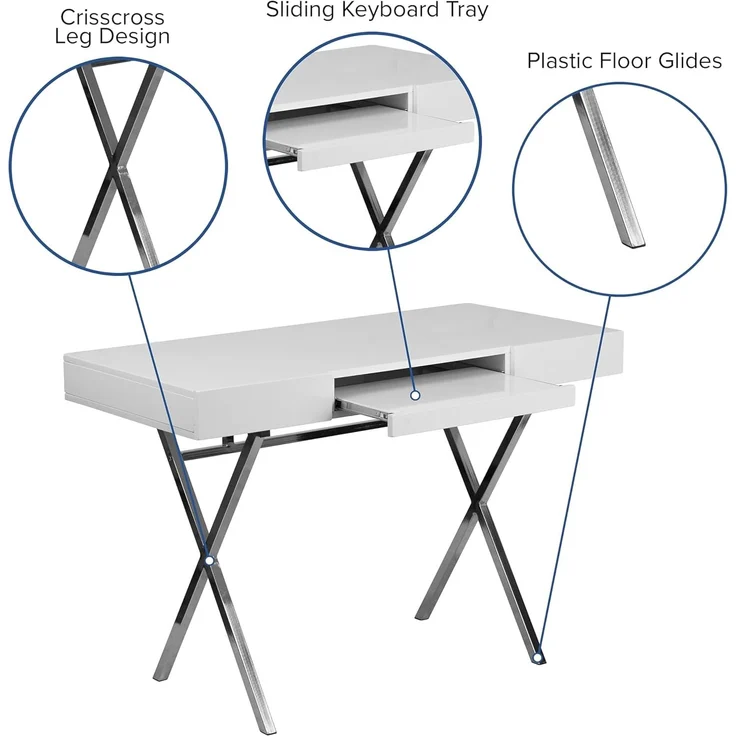 Flash Furniture Computertisch mit Tastaturablage und Schubladen, Metall, Weiß, 1 Stück – Bild 4