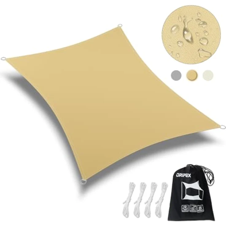 Dripex Sonnensegel Sonnenschutz Set inkl Befestigungsseile Rechteckig Wasserabweisend Polyester Imprägniert 95% UV Schutz Windschutz Wetterschutz 3X3 m für Balkon Garten Terrasse Sand – Bild 2