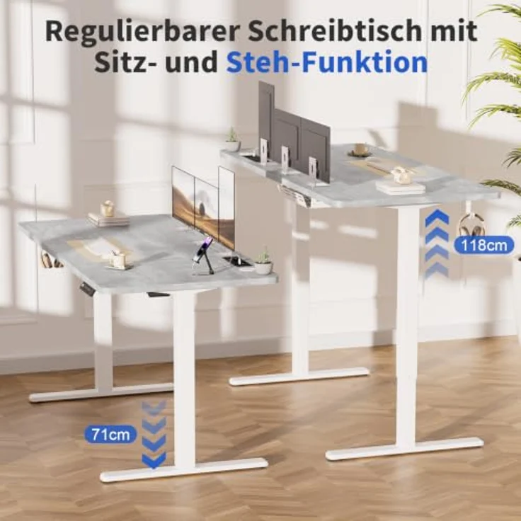 JUMMICO Höhenverstellbarer Schreibtisch 140x60 cm mit Steckdose | Schreibtisch Höhenverstellbar Elektrisch Stehtisch, Steh-Sitz Tisch, Bürotisch Computertisch für Home Office, Steingrau – Bild 3