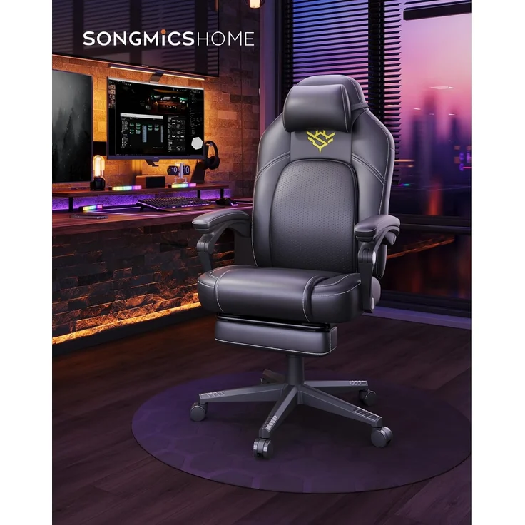 SONGMICS HOME Gaming-Stuhl, ergonomischer Computerstuhl mit Fußstütze, Bürostuhl, Drehstuhl mit Kopfkissen, PU, höhenverstellbar, tintenschwarz OBG072B01 – Bild 3