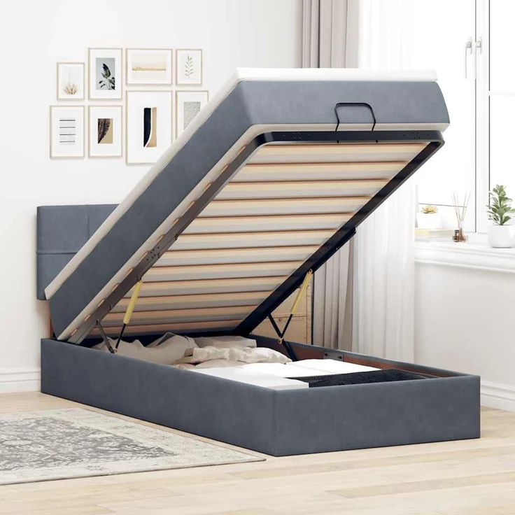 vidaXL Ottoman-Bett mit Matratze & LEDs Dunkelgrau 100x200 cm Samt 3312603 – Bild 1