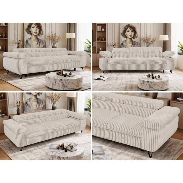 3-Sitzer Polstersofa PETER, verstellbaren Armlehnen und Kopfstütze, breite 262 cm, Gepolsterte Couch, Wellenfeder - Beige Cord – Bild 2