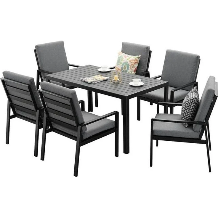 MeXo Gartenlounge-Set Lounge Gartenmöbelset Aluminium Wetterfest, (Garten Essgruppe für 6 Personen, 7-tlg, 6 Sessel, Esstisch 140x80x70 cm), 85 cm Rückenlehne, hoher Sitzkomfort – Bild 4
