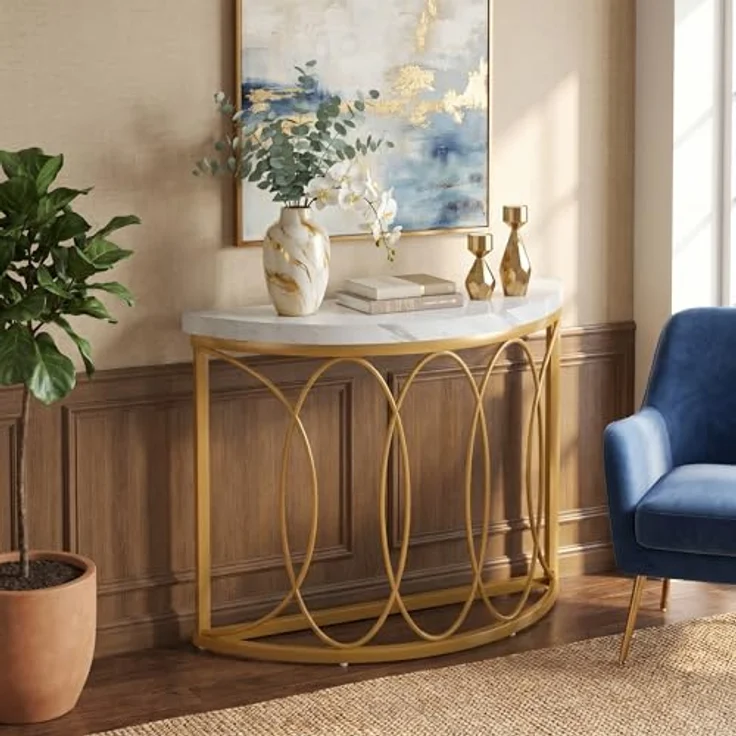LITTLE TREE Half Moon Gold Konsolentisch, 109 cm, moderner Kunstmarmor-Eingangstisch, schmaler Halbkreis-Sofa-Akzenttisch mit geometrischem Metallrahmen für Wohnzimmer, Flur – Bild 6
