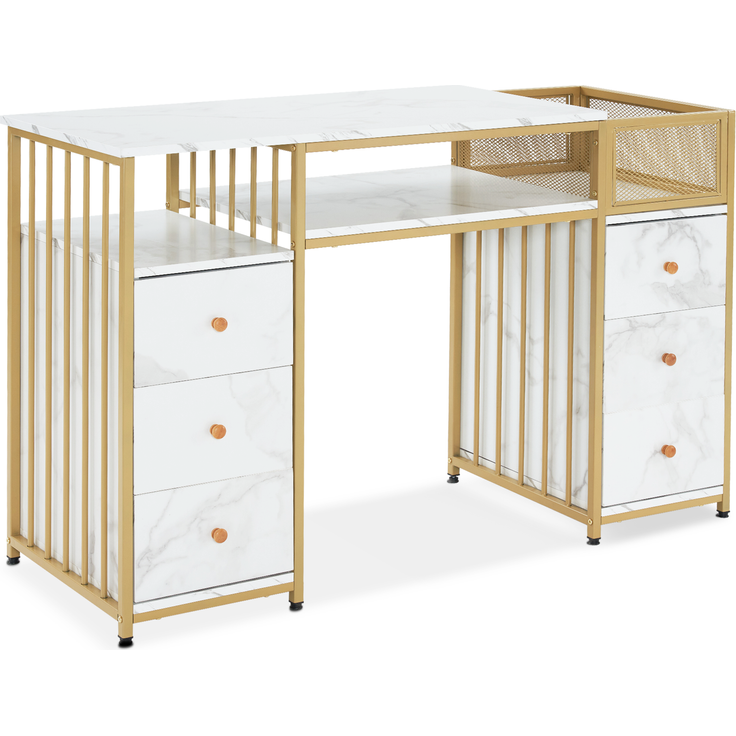 M MCombo Schreibtisch mit 6 Schubladen, Nageltisch aus Holz Metallgestell, Manikürtisch Marmor-Weiß Gold, Schminktisch ohne Spiegel Modern, Computertisch mit Ablagen Wohnzimmer, 46x125x81cm, 2425