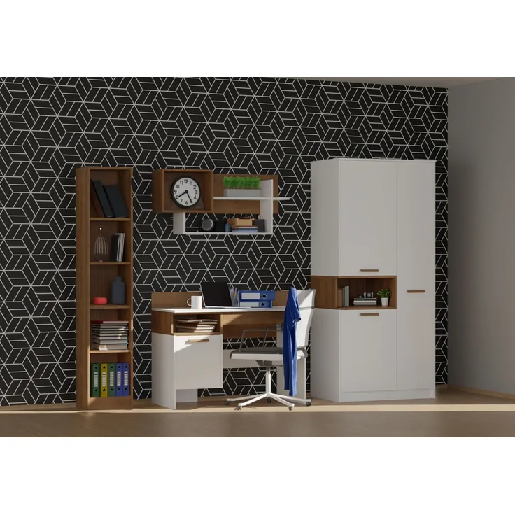 Marmex Möbel Grant Set-F Jugendzimmer Komplett-Set 4-teilig mit Kleiderschrank, Schreibtisch, Wandregal, Bücherregal, Kinderzimmermöbel mit Schreibtisch, laminierte Spanplatte, Kleiderstange, weiß+riviera Eiche, 234x195x55 cm
