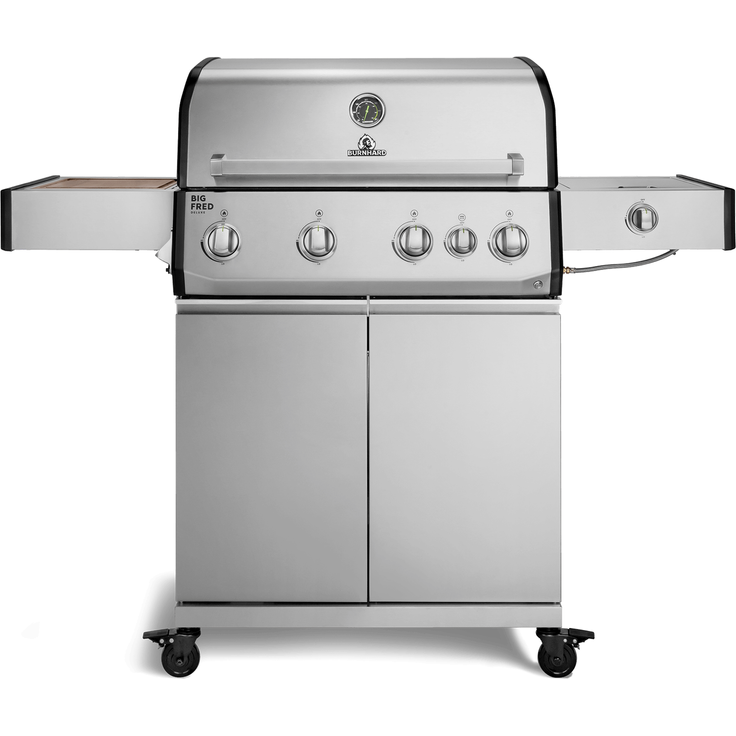 BURNHARD® Gasgrill 4-Brenner, 21,2 kW Gesamtleistung, Infrarot-Keramikbrenner, Seitenkochfeld, Edelstahl-Stabbrenner, Gussrost, große Grillfläche, Piezo-Zündung – Big FRED Deluxe - Silber - #947138