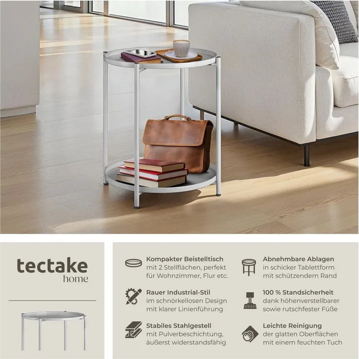 tectake Beistelltisch Couchtisch Oxford 45,5x45,5x53cm (1-St, 1 tlg), Abnehmbare Ablageflächen in Tablettform mit schützendem Rand