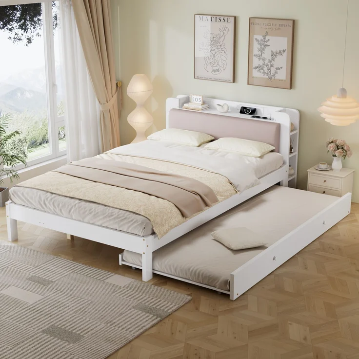TavilaEcon Einzelbett Holzbett, Funktionsbett mit LED-Lichtleiste und gepolstertem Kopfteil weiß Liegefläche 120 × 200 cm – Modell N622D765960W – Bild 4