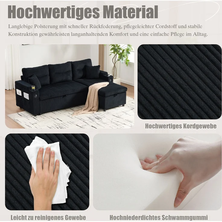EINHOM Moderne 3-Personen Cordsofa mit Stauraum, Getränkehaltern und USB-C. hydraulischer Chaiselongue und Schubladenbett – Stilvolles Design trifft Komfort, Flexibilität und wohnliche Atmosphäre – Bild 7