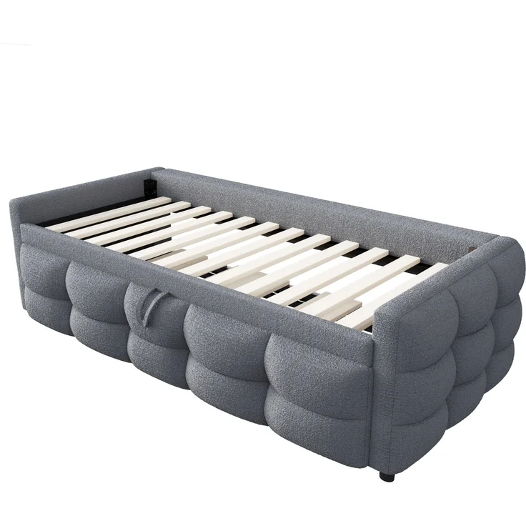 ZUBALIYA Schlafsofa 90x180 cm, ausziehbare Liegefläche, Lattenrost, Leiter, mit Teddy-Stoffbezug, Grau, ohne Matratze – Bild 13