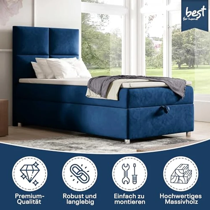 Best for Home Boxspringbett K2 SINGLE mit Bettkasten (Blau 100x200) – Bild 3