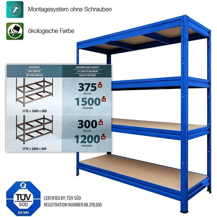 Karat Schwerlastregal Weitspannregal Blau, 7 Größen, 4 stabile Böden, 1200 kg Tragkraft – Bild 3